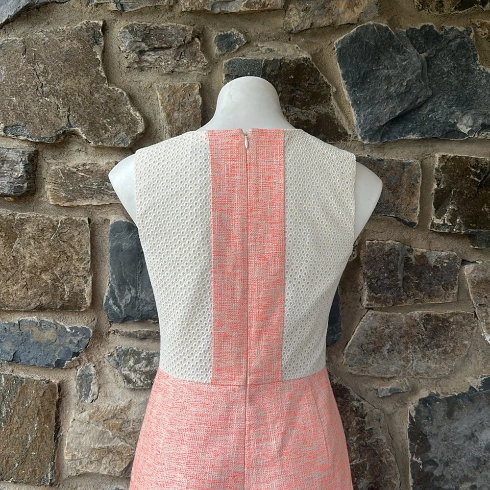 J.Crew Sleeveless Sheath Dress Coral Pink Tweed Size 4 V-Neck Lace Back Detail